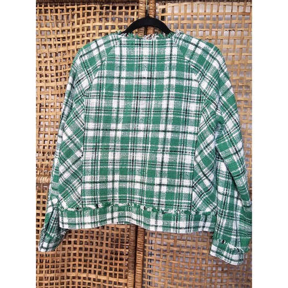 Cabi Library Women's MJacket Green White Black Plaid Tweed Blazer fringe hem - Picture 7 of 8